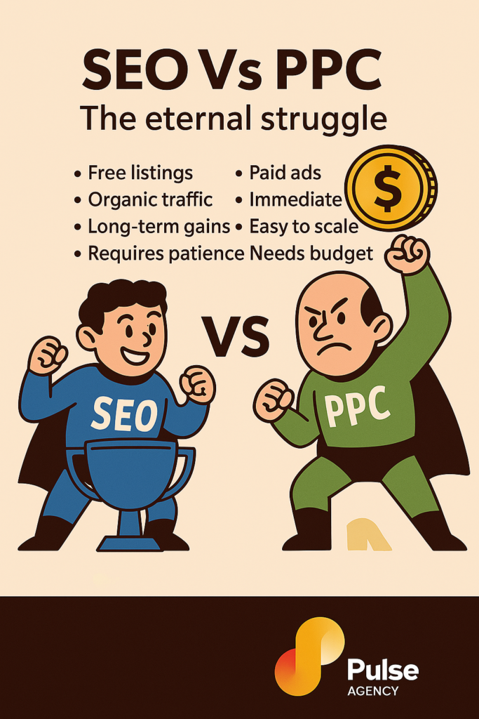 Infographic showing cartoon-style SEO and PPC characters in a face-off, highlighting their pros and cons like free listings vs. paid ads, organic traffic vs. immediate results.” Let me know if you want different alt text styles (quirky, professional, detailed, etc.) or want this embedded in the document!