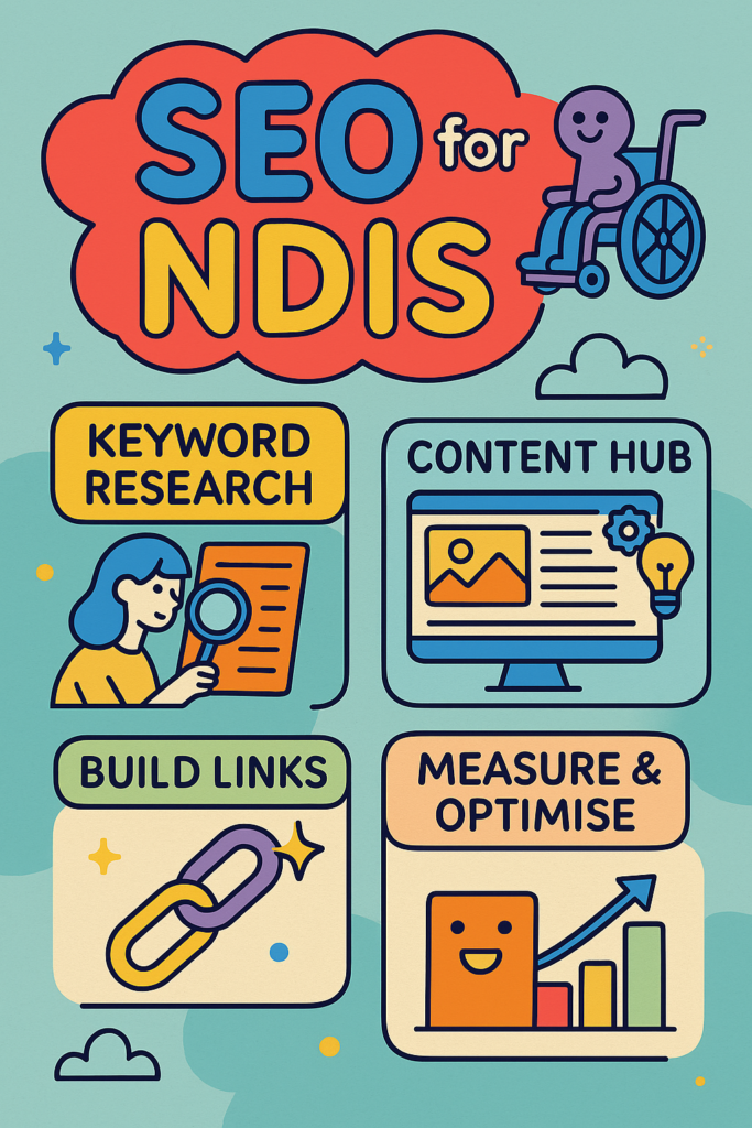 Colourful infographic titled "SEO for NDIS" illustrating four key strategies: keyword research, content hubs, link building, and performance optimisation with playful icons and bold text
