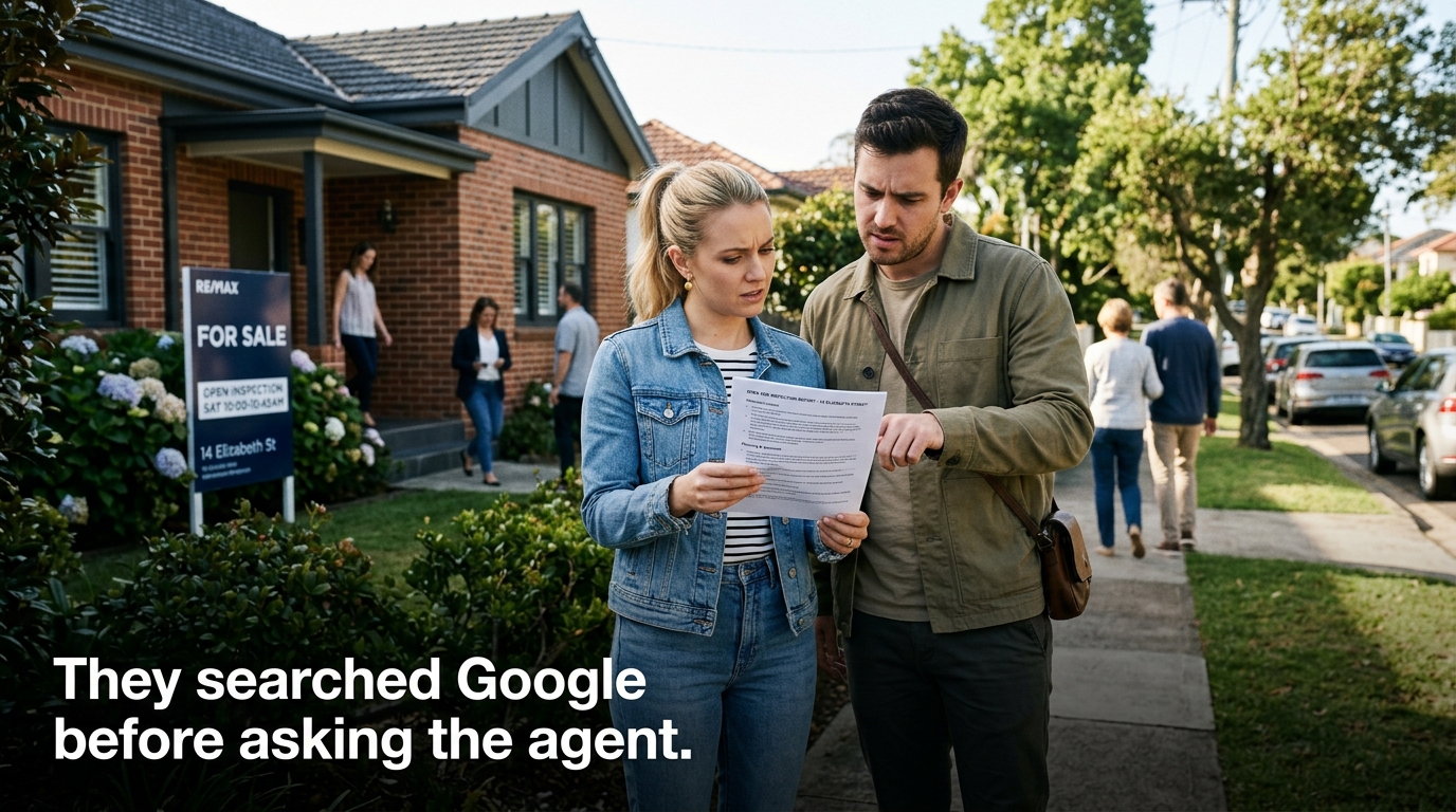 ** Home buyers researching building inspection leads Australia before agent referrals