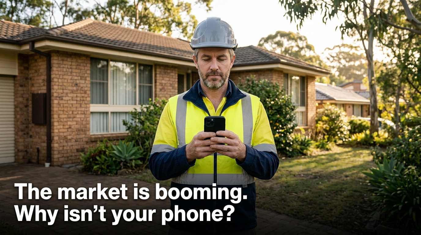 ** Building inspector checking phone for building inspection leads Australia opportunities