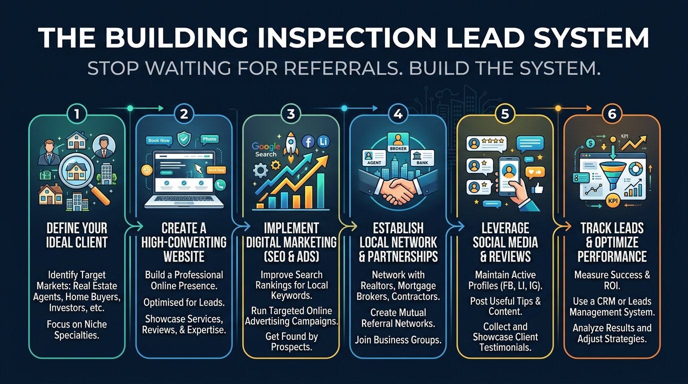 ** Building inspection leads Australia system infographic showing direct buyer acquisition