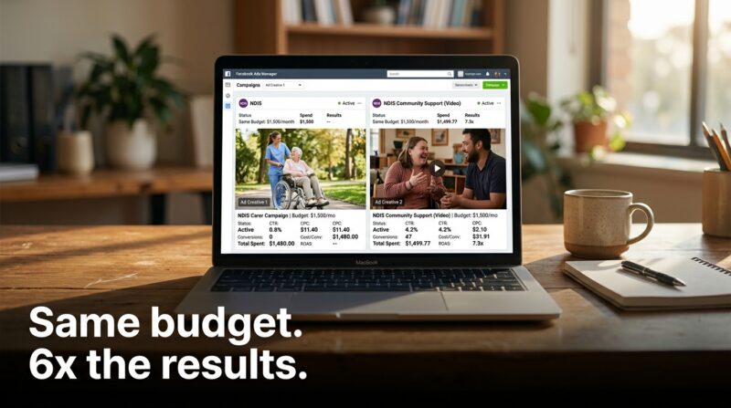 Facebook Ads Manager dashboard showing two NDIS campaigns with identical $1,500 monthly budgets achieving different results.