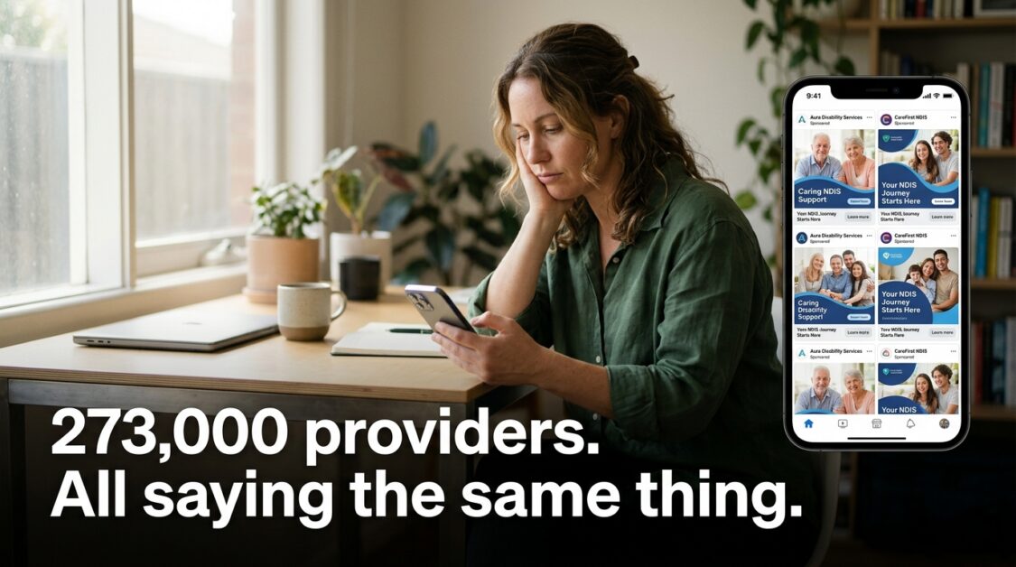 Woman reviewing NDIS provider marketing materials on phone, showing repetitive provider messaging strategy.
