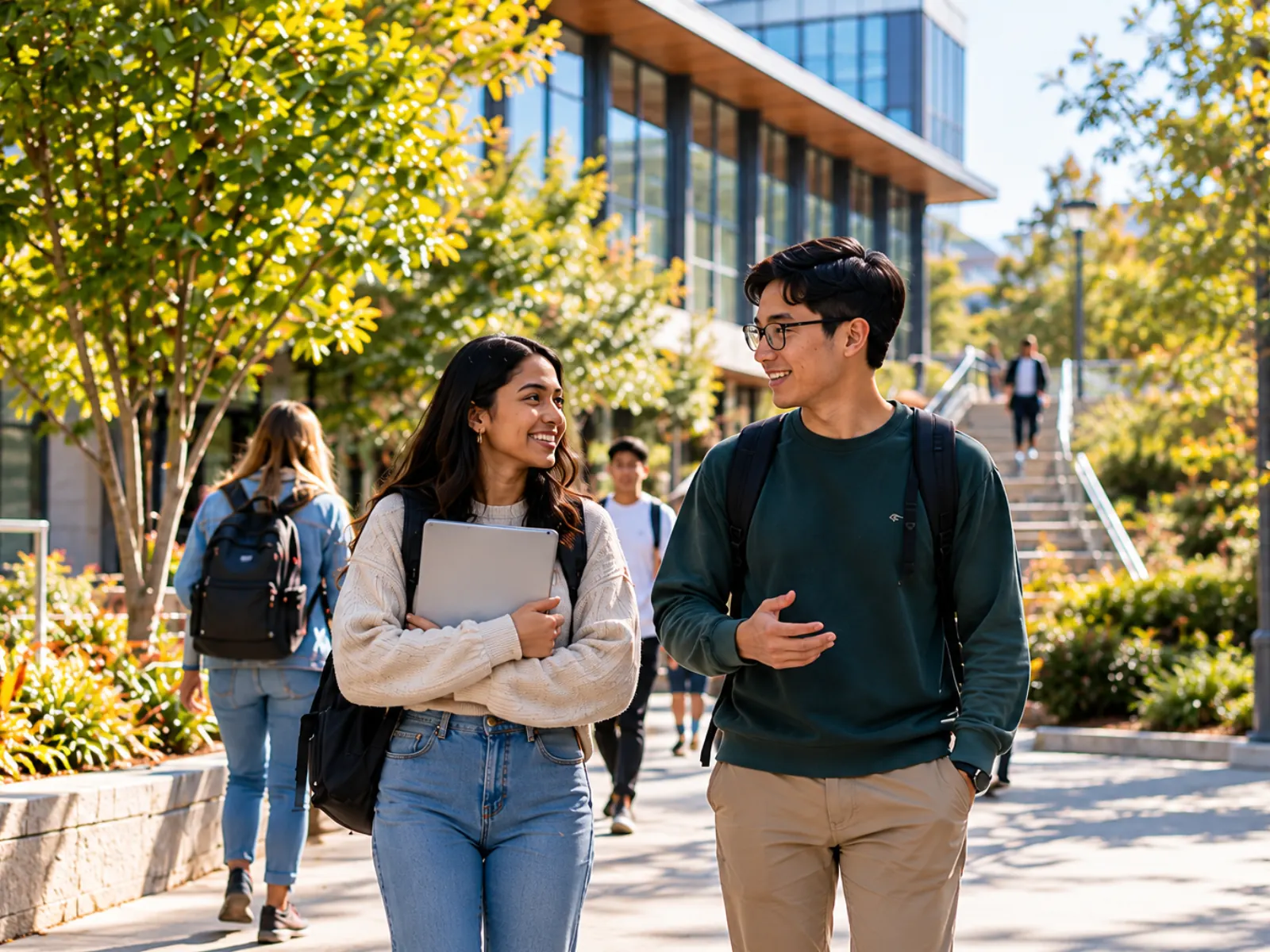 Two university students with backpacks talking as they walk along a campus path, other students and a modern building behind them