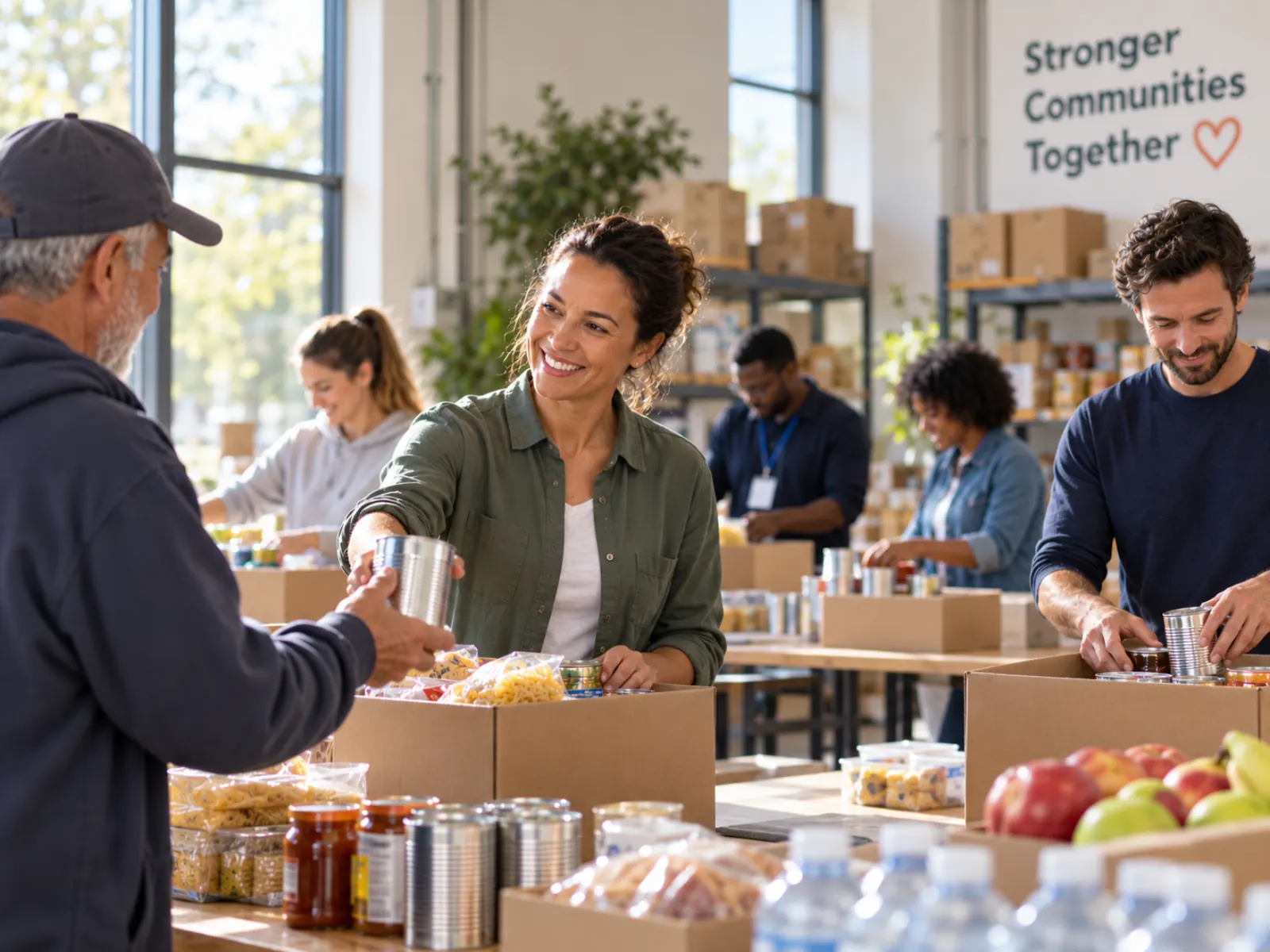 Volunteers packing food donations into boxes at a community food bank, one handing tinned food to an older man