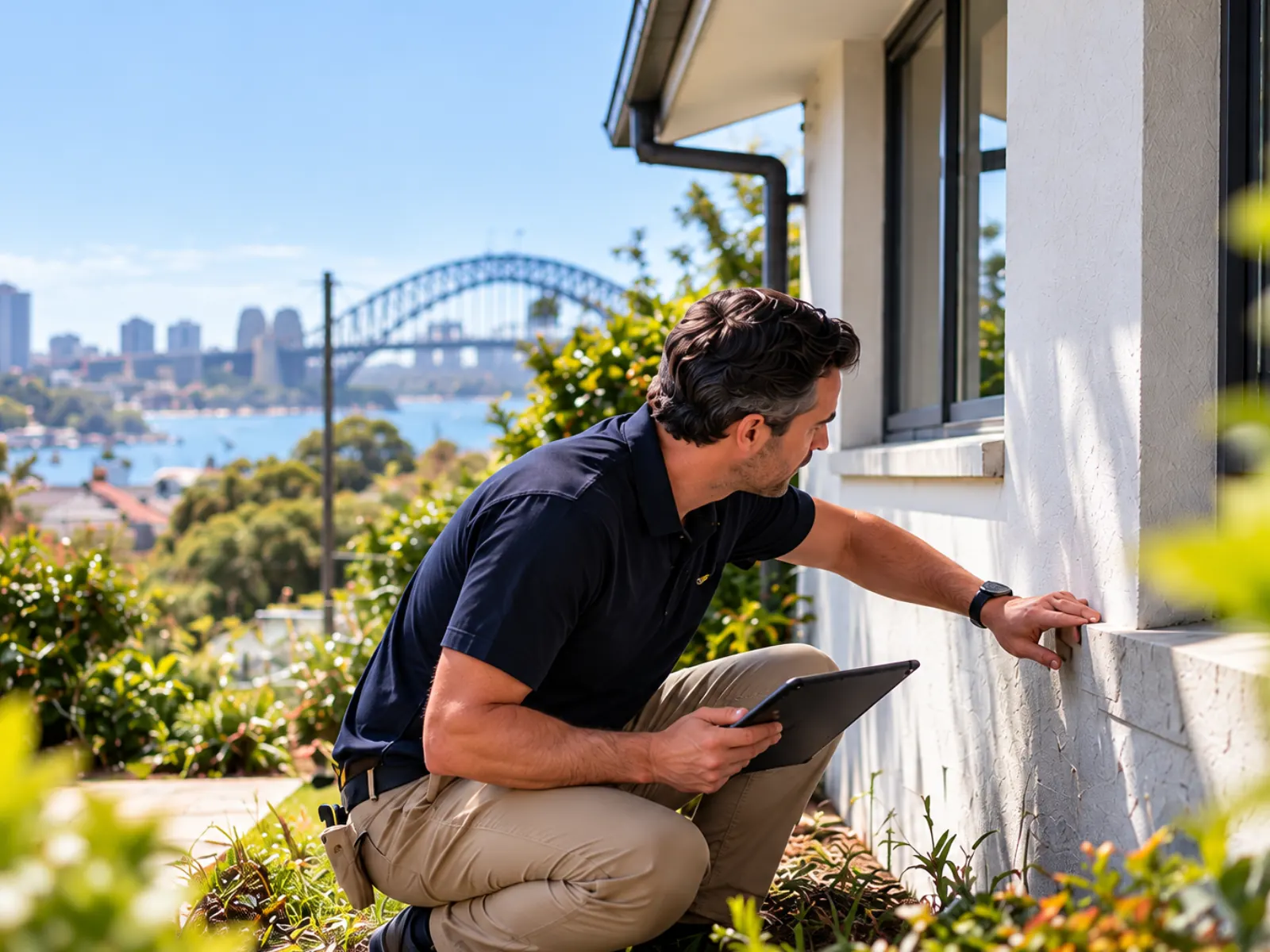 Building inspector kneeling beside a house, checking a window sill by hand with a tablet in the other, Sydney Harbour Bridge in the distance